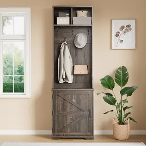 Farmhouse 3-in-1 Hall Tree w/Shoe Storage Bench & 6 Hooks - 77" Freestanding Organizer with Bench, Shoe Cabinet, 5 Hooks, 2 Open Cubbies, Modern Farmhouse Entryway Furniture for Hallway, Mudroom, Living Room - Dark Brown