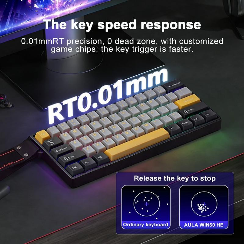 AULA Win60 HE wired game keyboard, 60% arrangement, 61-key portable mini layout, cool RGB lighting effect, sensitive magnetic axis, high-performance chip, compatible with Windows/AMC system, suitable for e-sports office, Gaming Keyboard, Backlit Keyboard