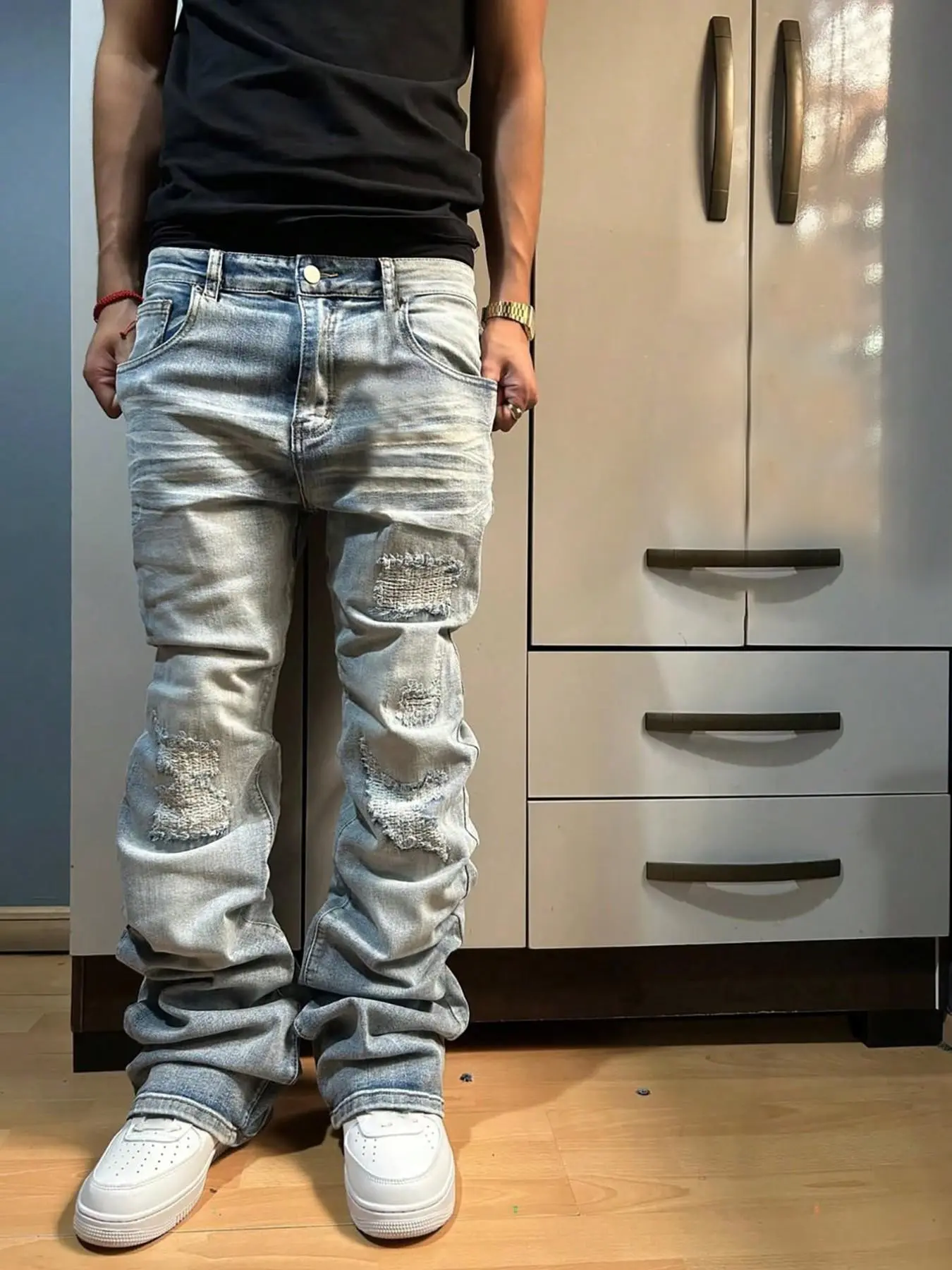 Men's Micro Flare Denim Jeans, Loose-Fitting Streetwear Street Style, All-Season Wear, Washed Y2K Layered Pants, Patchwork Embroidery, Casual Embroidered Jeans, Flared Leg Jeans, Four-Season Comfort, Denim Woven Jeans