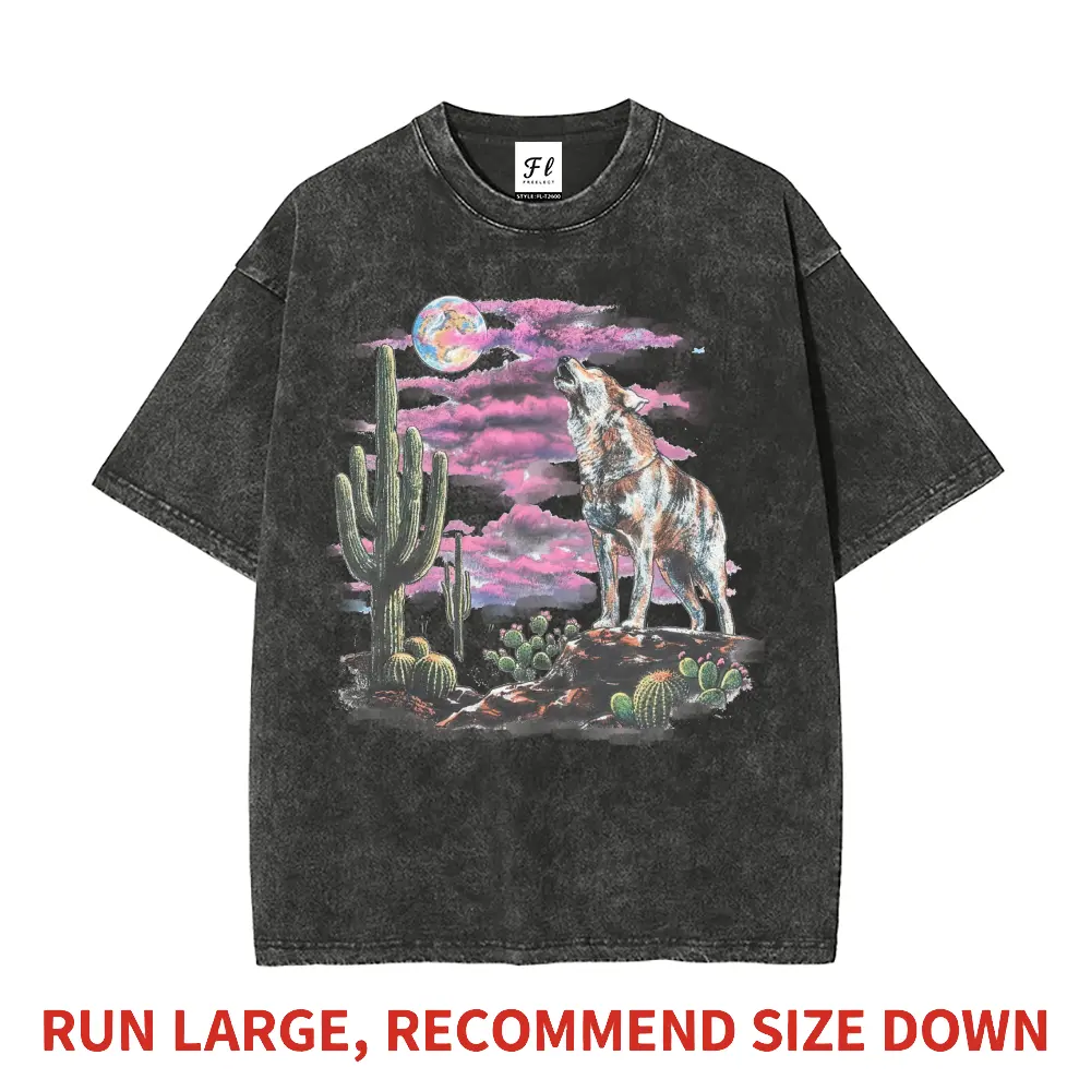 Men's Casual Heavyweight Pure Cotton T-Shirt - Retro Desert Wilderness Howling Wolf & Full Moon Aurora Graphic Print, Soft, Breathable, Vintage Washed, Boxy Oversized, Round Neck, Short Sleeve, All Seasons Menswear Top