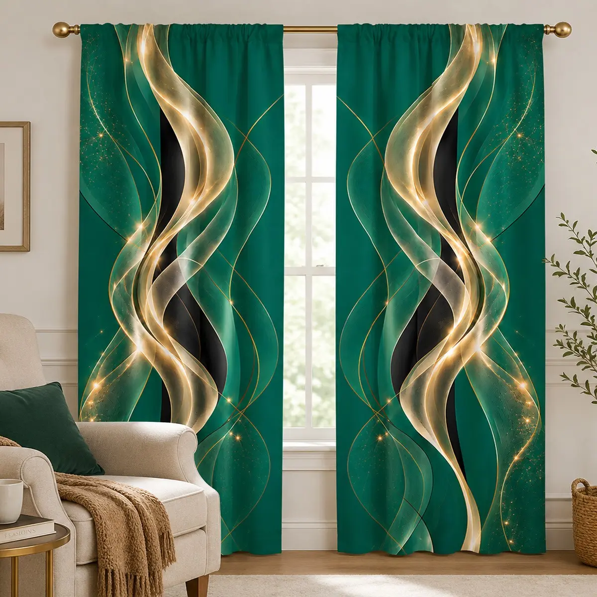 2pcs Dark green and gold flowing wave semi-blackout curtains, modern light luxury living room and bedroom fabric curtains, made of polyester, suitable for bedrooms, kitchens, studies, cafes, etc.
