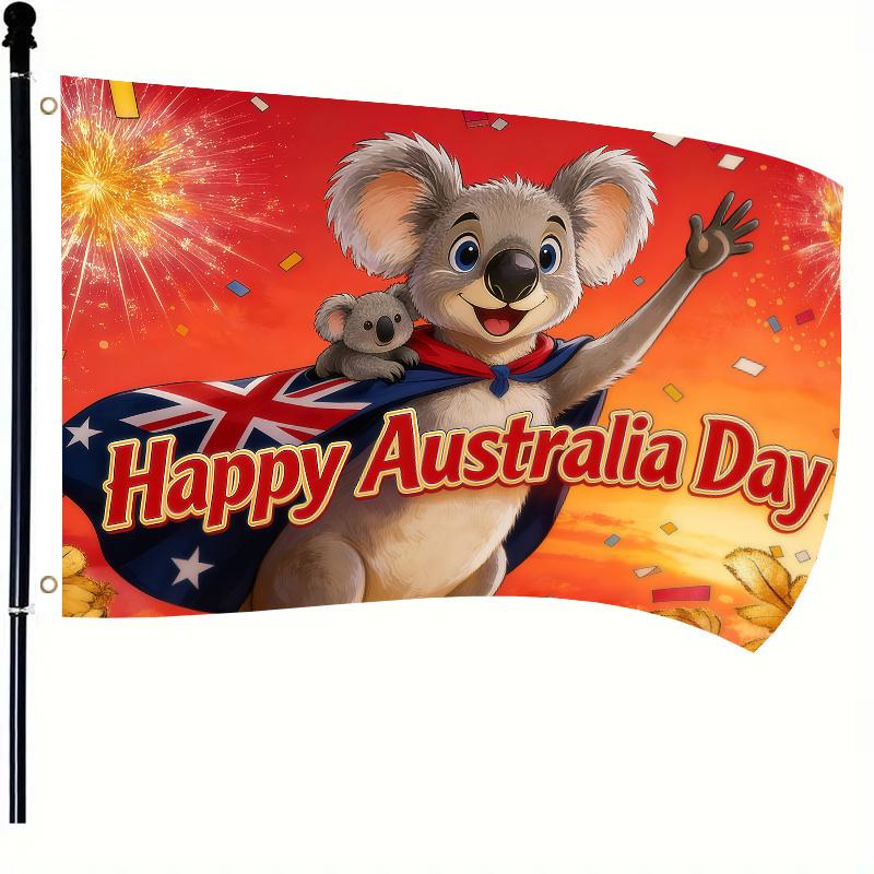 1-Pack 2D Flat Style Flag Featuring Cape with Kangaroo Mother & Australian National Flag, Decorated with Fireworks and Confetti - 2D Flat Printed National Day Theme Design - 3x5 Ft Single-Sided Hanging with Double Grommets