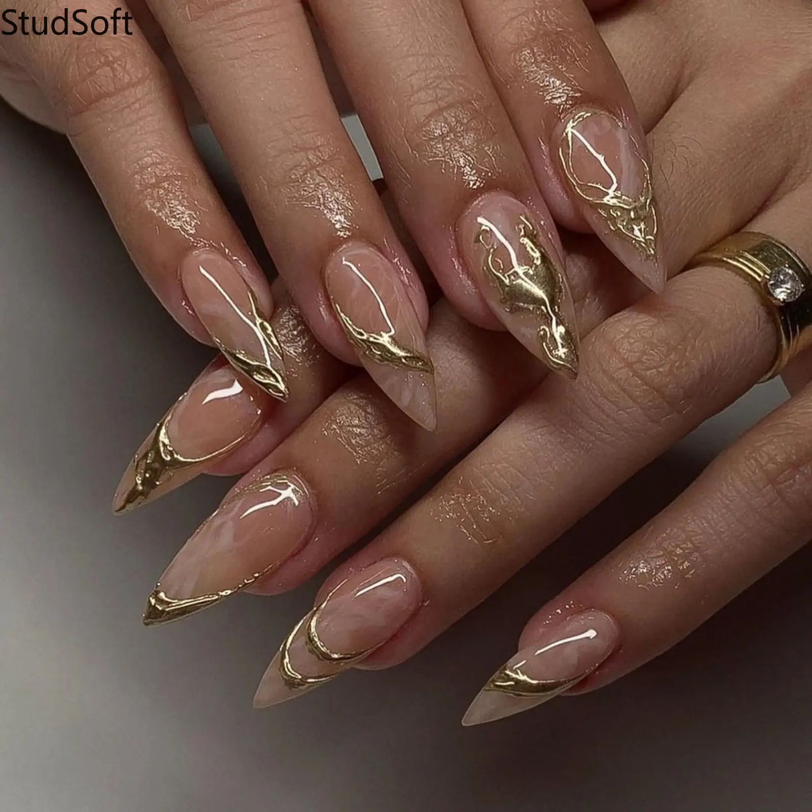 24PCS 3D Gold Liquid Metal Press on Nails Jelly Nude Fake Nails Full Cover Long Stiletto Molten Chrome Artificial False Fingernails Y2K Punk Party