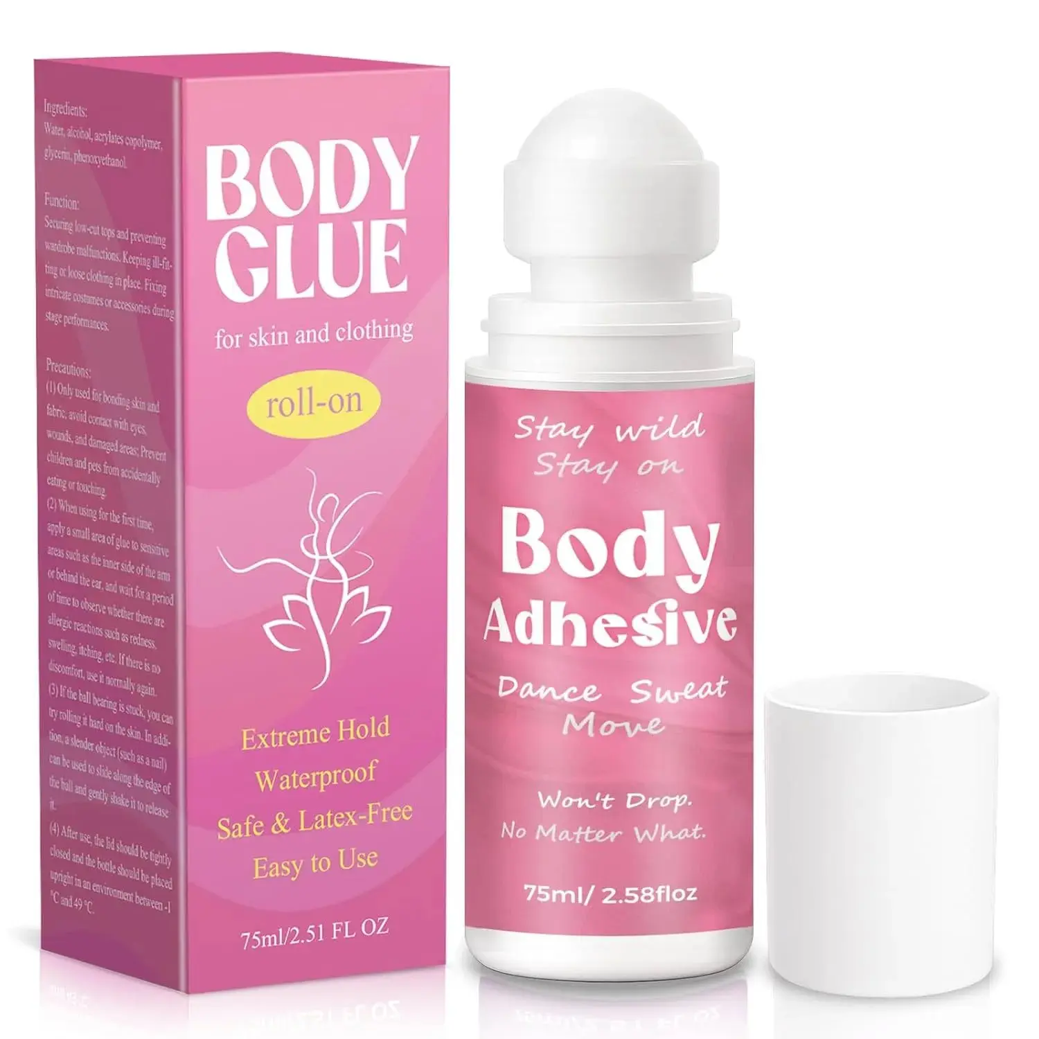Body Adhesive Glue for Clothing & Skin Roll-On, 2.58 Oz Body Glue, Skin Glue, Sweat Resistant, Washable, Fabric-Safe Fashion Tape for Dancers, Socks, Leotards, Bras, Wigs and Costumes, Holds All Day