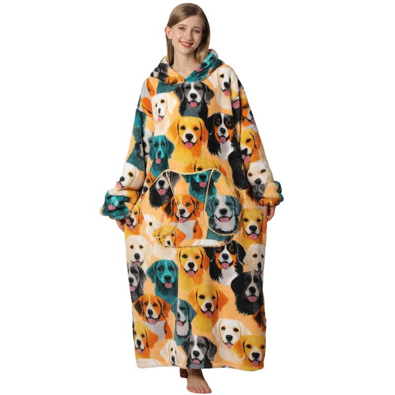Plus Size Cute Print Hooded Blanket, 1 Count 320gsm Casual Soft Warm Oversized Hooded Wearable Blanket with Pocket, Soft Fluffy Blanket, Comfy Bedroom Gadgets, Soft Fleece Blanket, Machine Washable Blanket, Cozy Hooded Blanket, Leopard Pattern Blanket