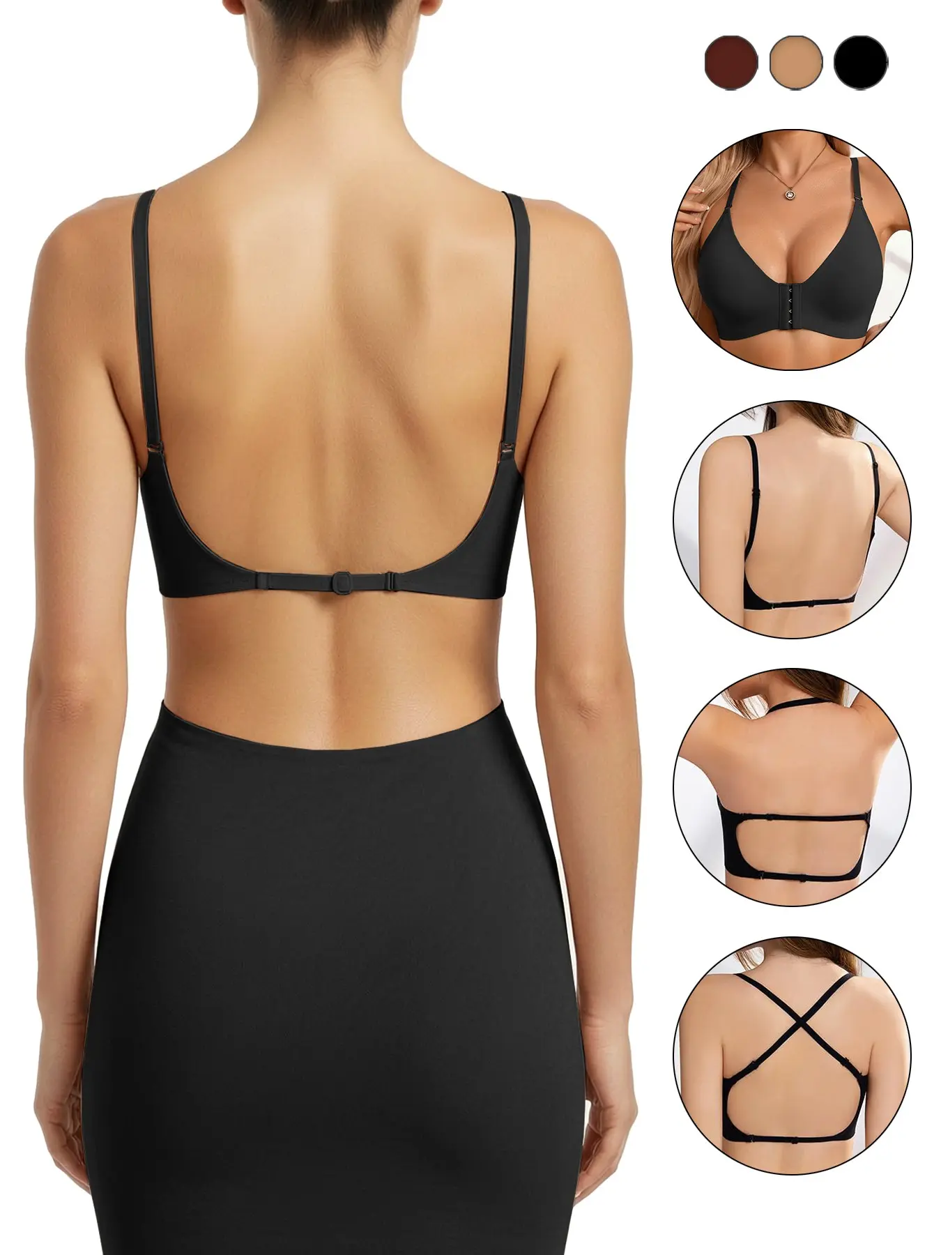 Women's Front Buckle Seamless Backless Bra, Wire-Free Push-Up Bra, Adjustable Straps, Ideal for Wedding and Party Dresses, Daily Wear