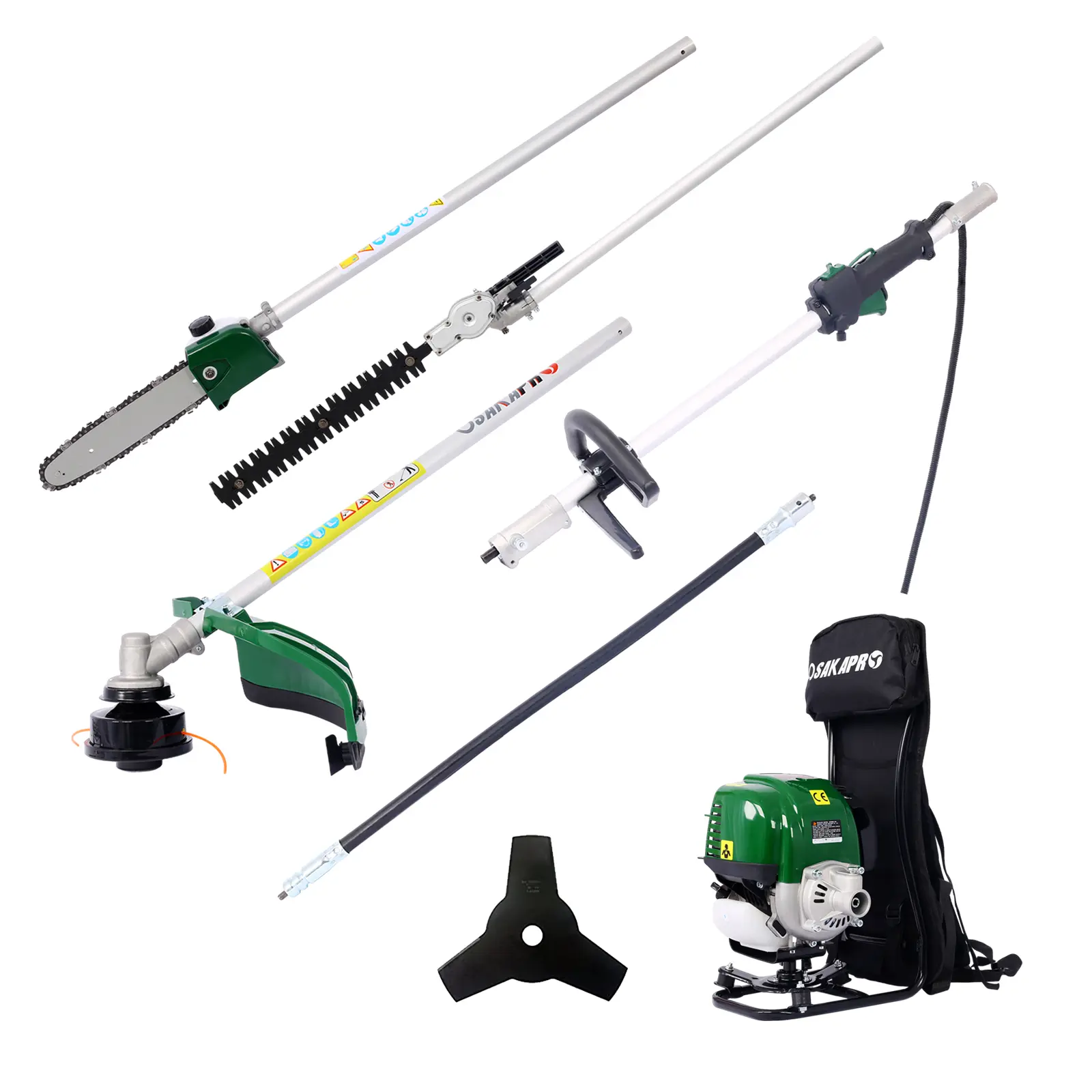Nokaa 38CC 4-Stroke Gas Backpack Garden Tool System 4-in-1 with Pole Saw, Hedge Trimmer, Grass Trimmer & Brush Cutter for Lawn Yard Landscaping, EPA Compliant, Dark Green