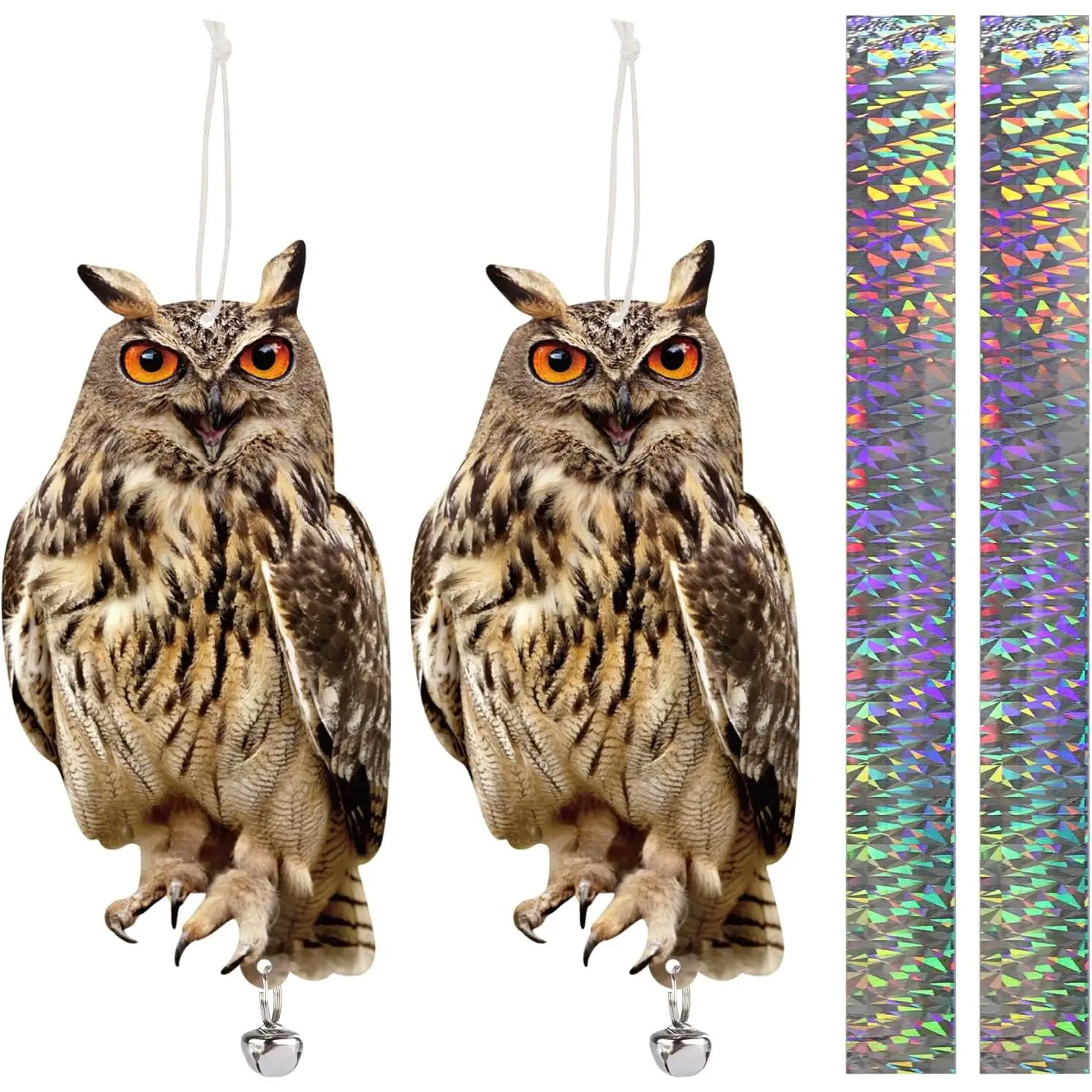 Hanging Plastic Owls for Gardens, 2PCS Reflective Hanging Owl Decoration Woodpecker Control Device with Reflective Tape, Jinging Bell for Garden Patio Windows