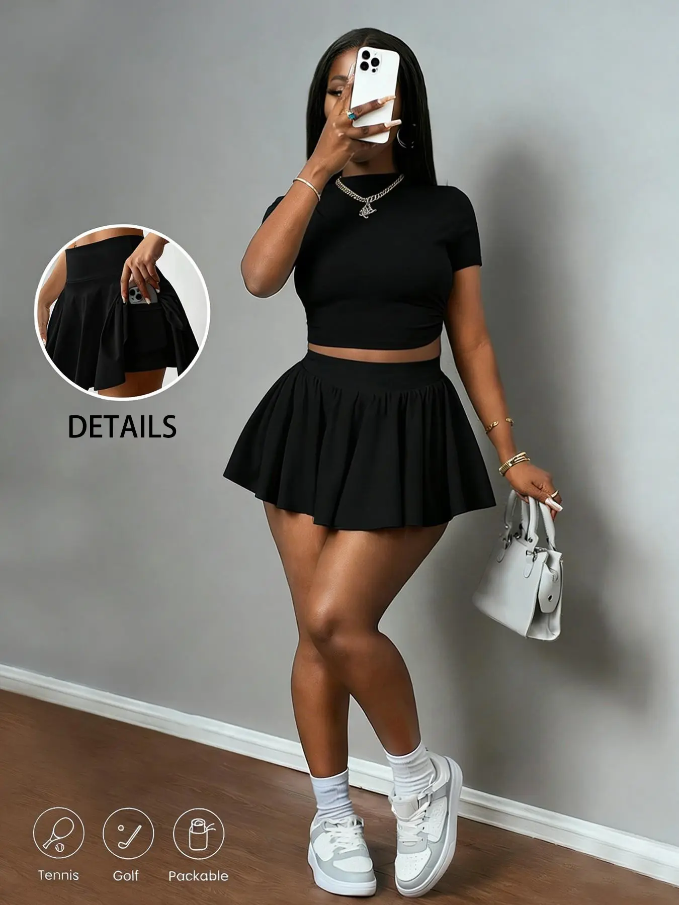 Hot Two-Piece Set, Short Tee & Flare Skirt Pants, High Waist Slimming, Pockets, Casual Sportswear, Casual Sporty Set, Minimalist Style, All Seasons