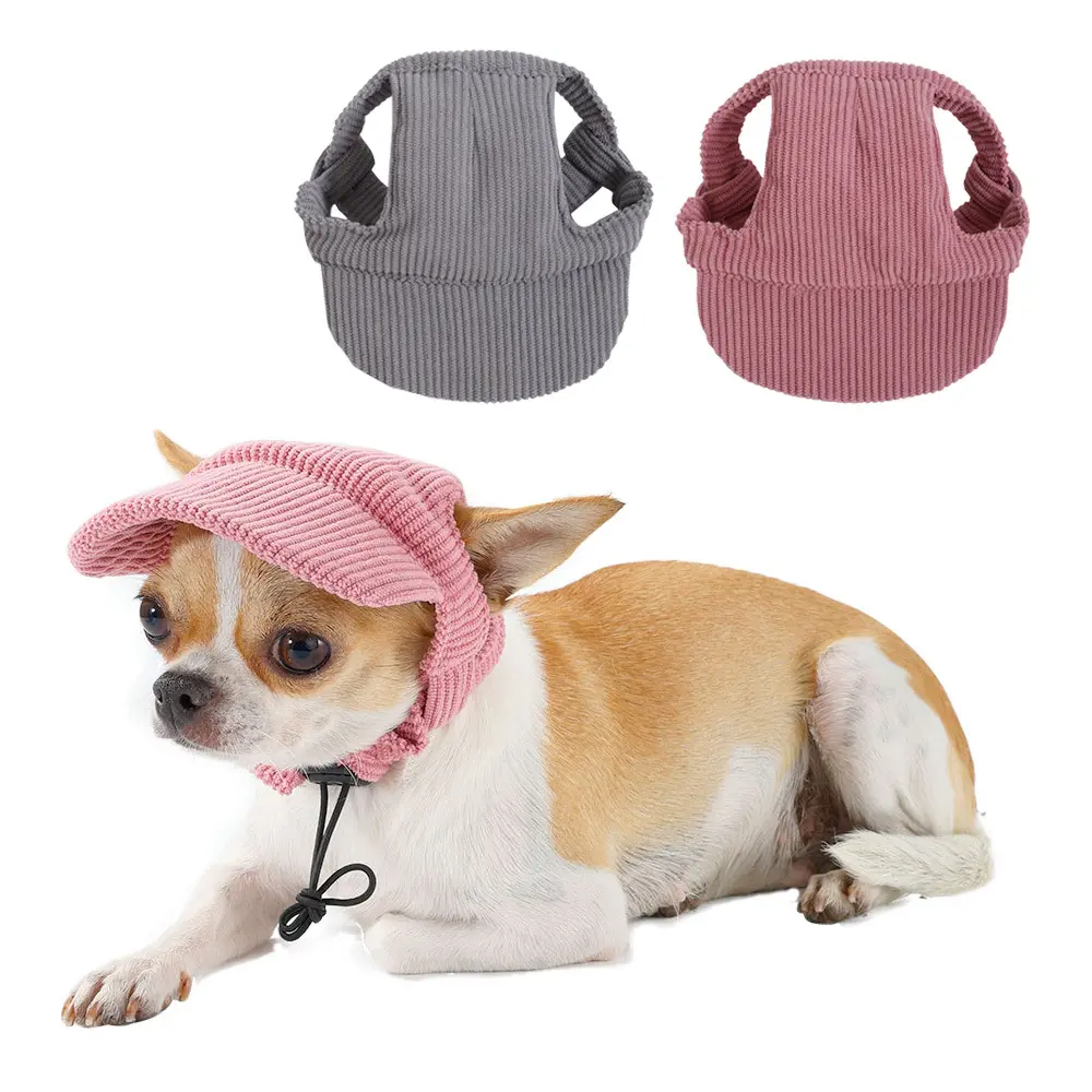 Corduroy Nylon Blend Dog Baseball Cap with Drawstring Close, Ear Holes, Outdoor Wear Sun Protective Hat for Small-Medium Dogs (Teddy, Chihuahua), Adjustable Waist, Sun Protection