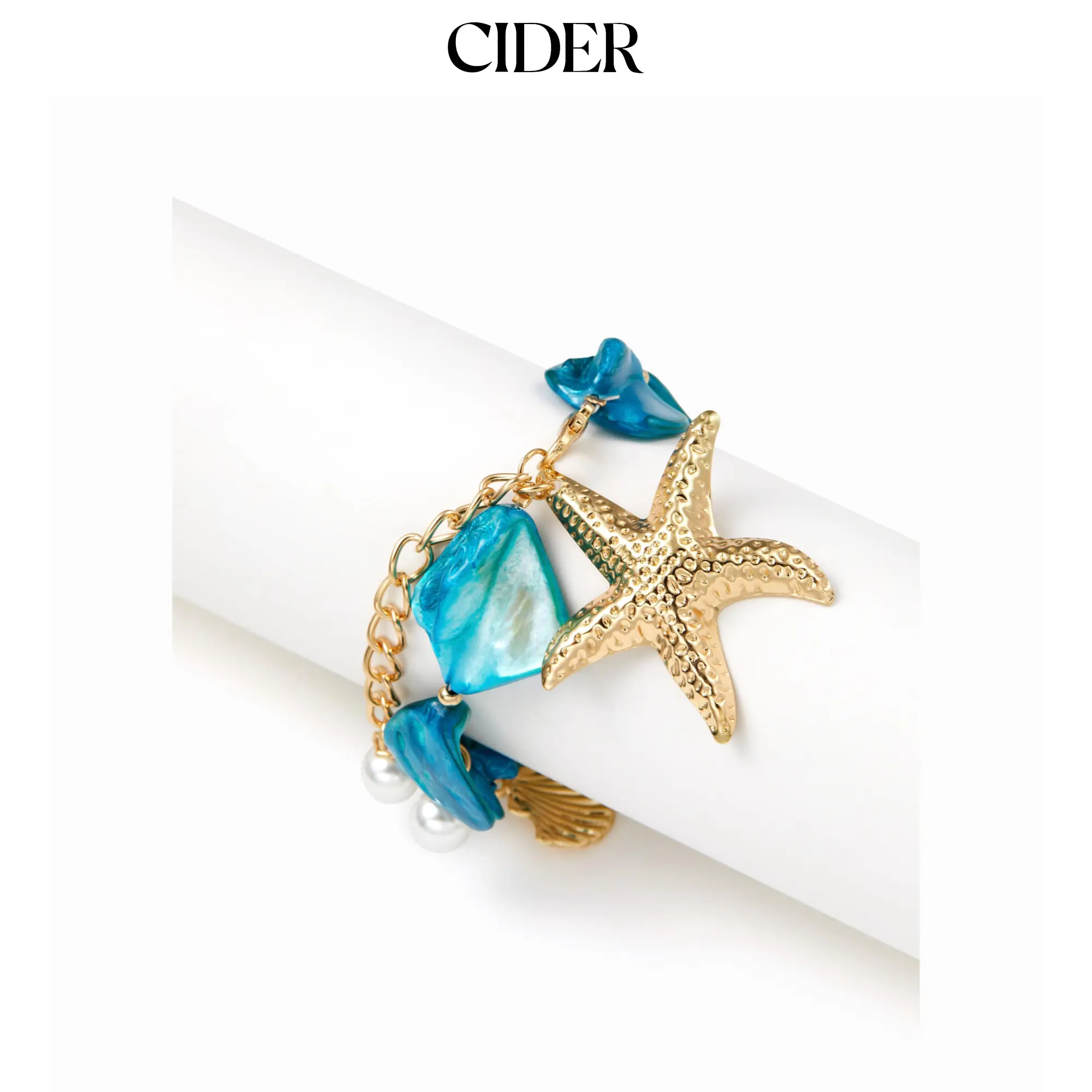 Cider STARFISH & SHELL & FAUX PEARL GEMSTONE BRACELET