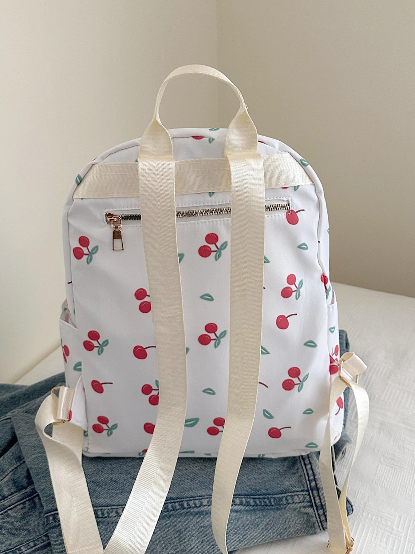 Cute and soft cherry pattern design backpack, sweet girl casual backpack, lightweight and practical portable travel bag, large capacity campus school bag, heavy load, simple and stylish travel companion
