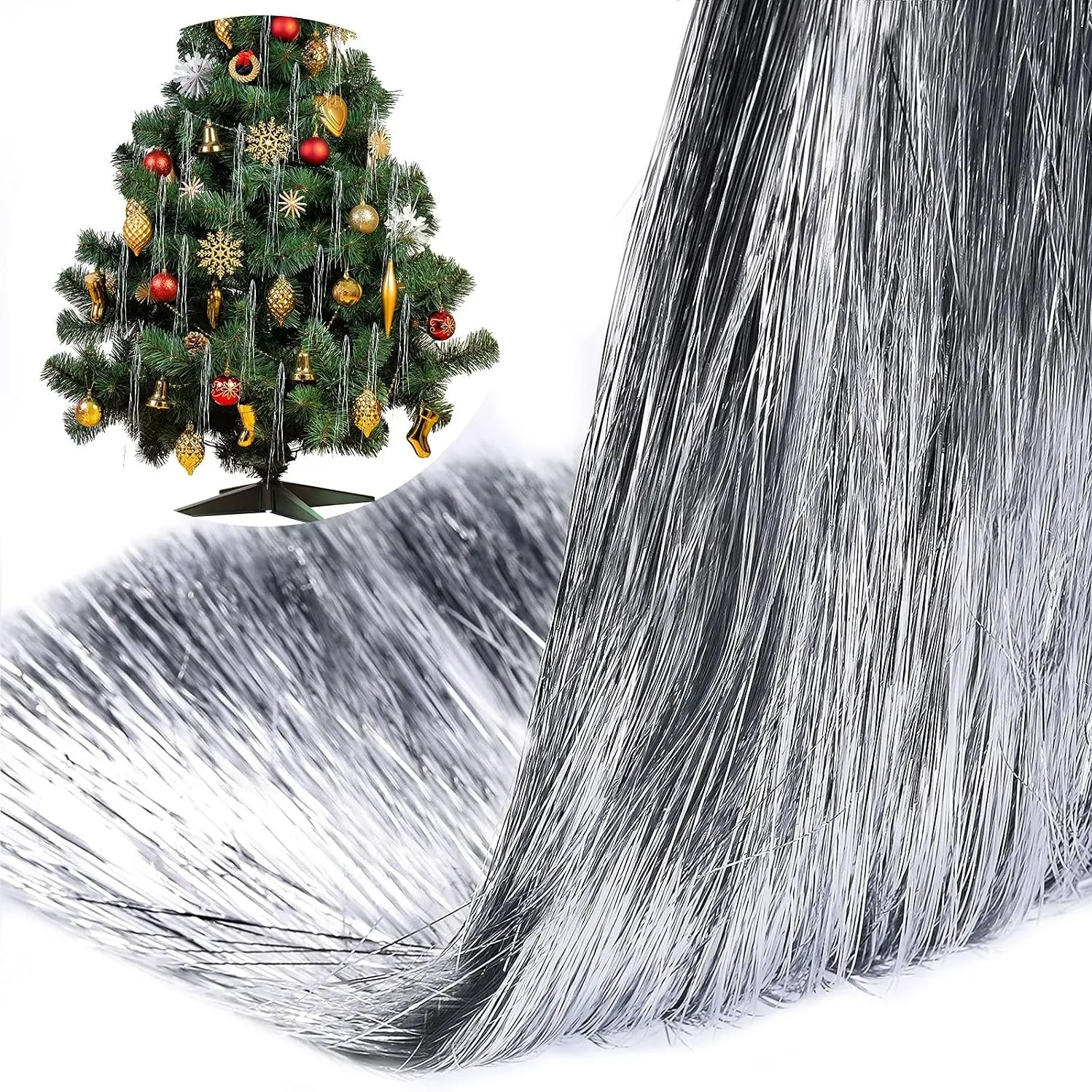 Christmas Tree Wire Icicles, 2000/5000-Strand 47-Cm Garland, Shimmering Aluminum Foil Tassels, Silver Color, Holiday Decorations