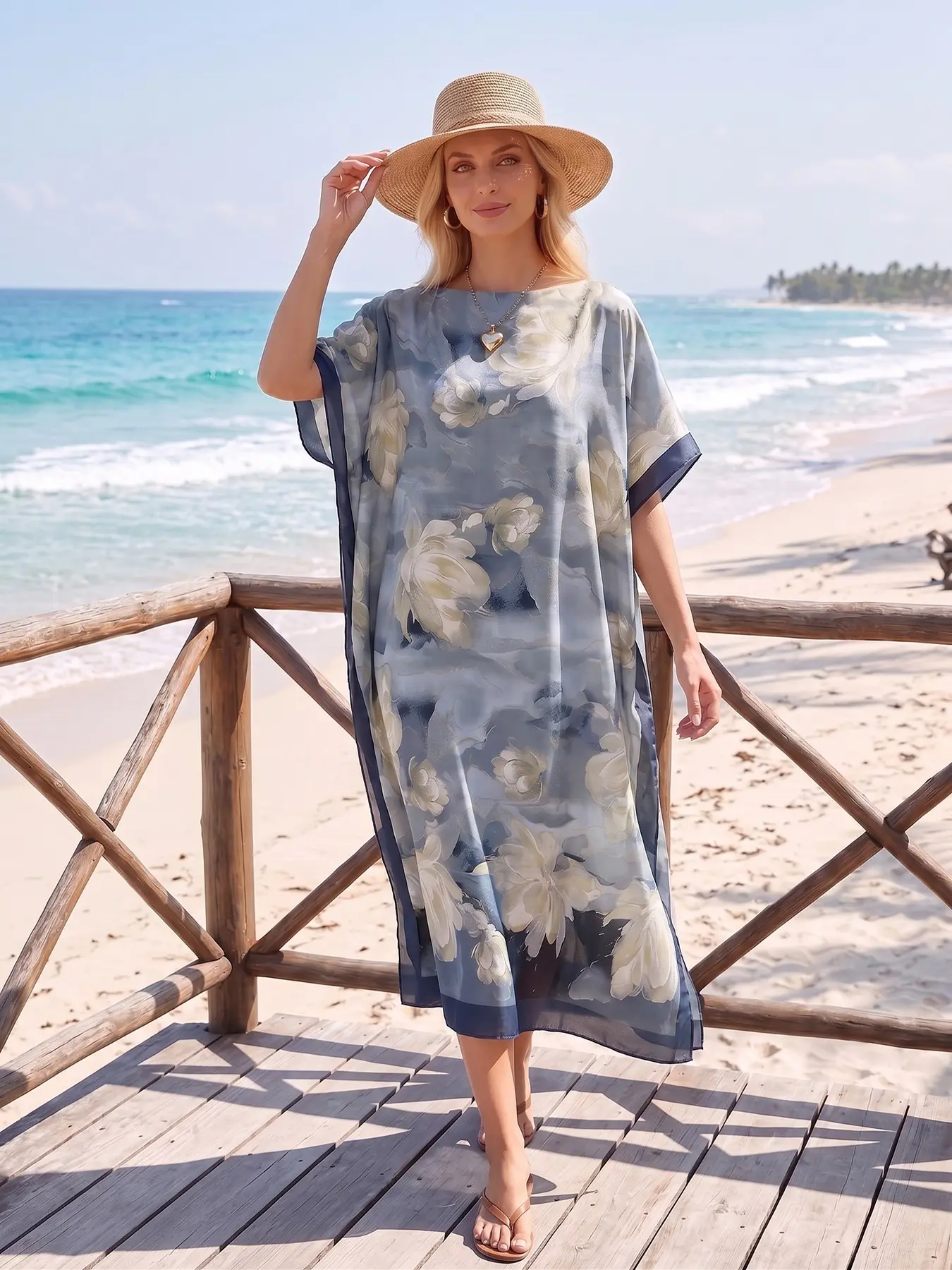 Women Loose Fit Dusty Blue Floral Printed Caftan Dress Short Sleeve Loose Fit Maxi Loungewear Beach Vacation Cover Up