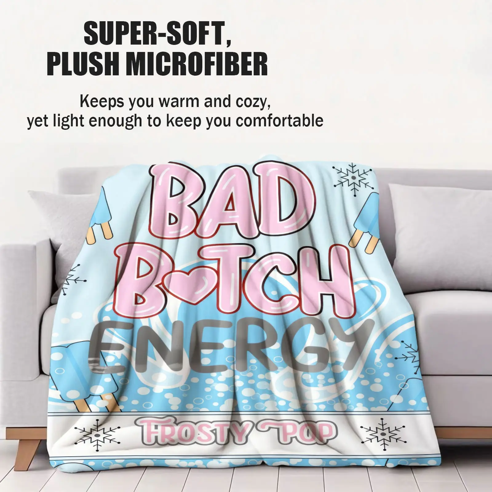 Bad Btch Energy Frosty Pop Popsicle Flannel Throw Blanket, Light Blue Snowflake Ice Bar Print Warm Blanket, Y2K Cute Decor Blanket for Office Naps and Bedroom Rest, Creative Birthday Gift for Teen Girls