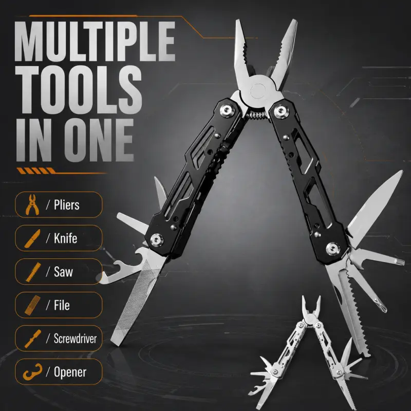 Wuwrll 12-in-1 Stainless Steel Multitool with Safety Lock, Pocket Knife, Pliers, Upgrade Camping Tool Gift for Men, for Survival, Outdoor Activities (1 Pc)