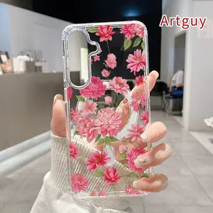 Magnetic Soft Case for  Samsung Galaxy S26 S23 Ultra S24 Plus FE S25 S22+ Blushing Floral Tapestry Pattern Anti-Yellowing Shockproof ultra-thin Silicone Crystal Transparent Acrylic Large Hole Cover Supports Wireless Charging
