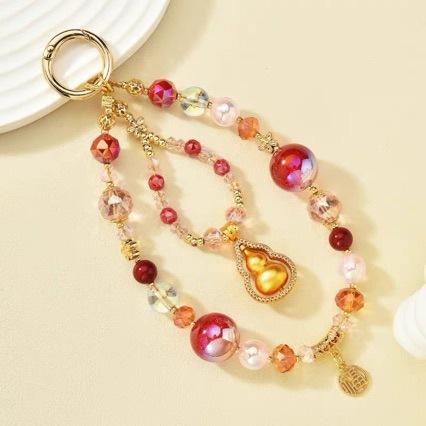 Original purple and gold gourd mobile phone chain, bright red crystal glass bead mobile phone lanyard, hanging chain, luxury wrist strap