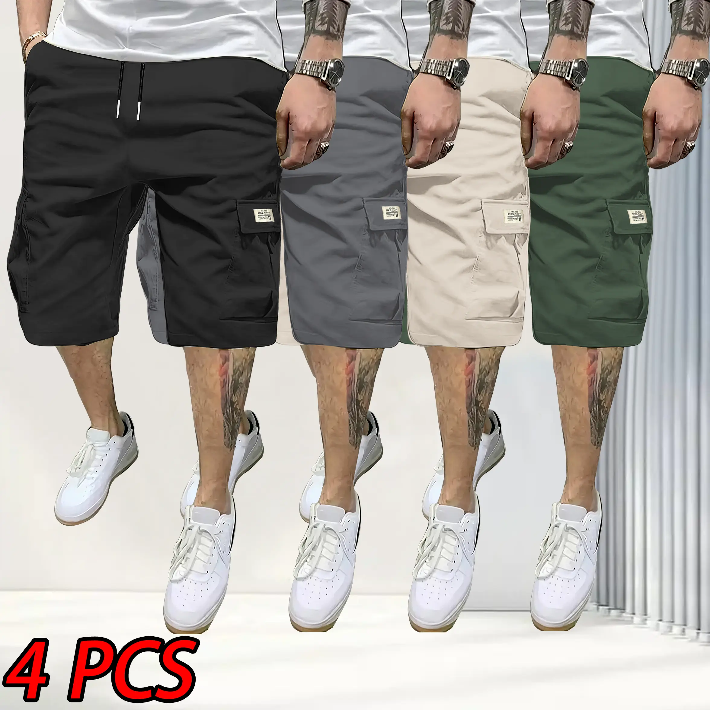 Men's 4 Piece Fitted Matching Shorts Set Casual Summer Drawstring Color Mixed Shorts, Lightweight Breathable, Slanted Multipocket, Versatile Everyday Beach Gym Wear Brown, Black, Green, Pink, Color Mixed Men's Shorts, Fitted Me,regu,daily,solid,work short