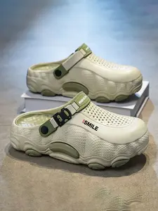 Men Two Tone Big Tooth Platform Clogs, Smile Letter Print Adjustable Heel Strap Slip On Mules, Hollow Breathable Non-Slip EVA Garden Shoes for Beach Shower Outdoor Street Daily Walking