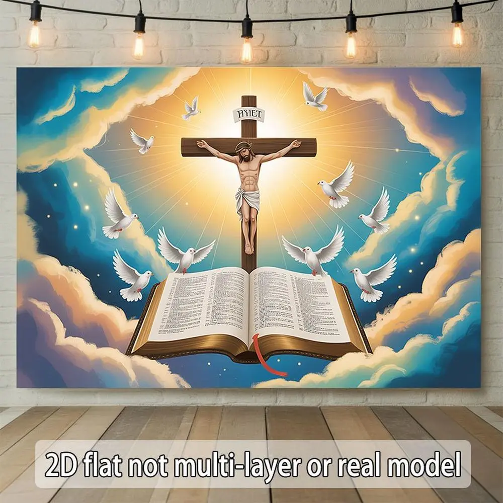 2D Flat - 2D Flat - 1pc a 2D Flat Banner Featuring The Crucifixion of Christ Along with Doves And an Open Bible, Suitable for Events Such As Weddings, Parties, Coming-Of-Age Celebrations, Ceremonies, Seasonal E
