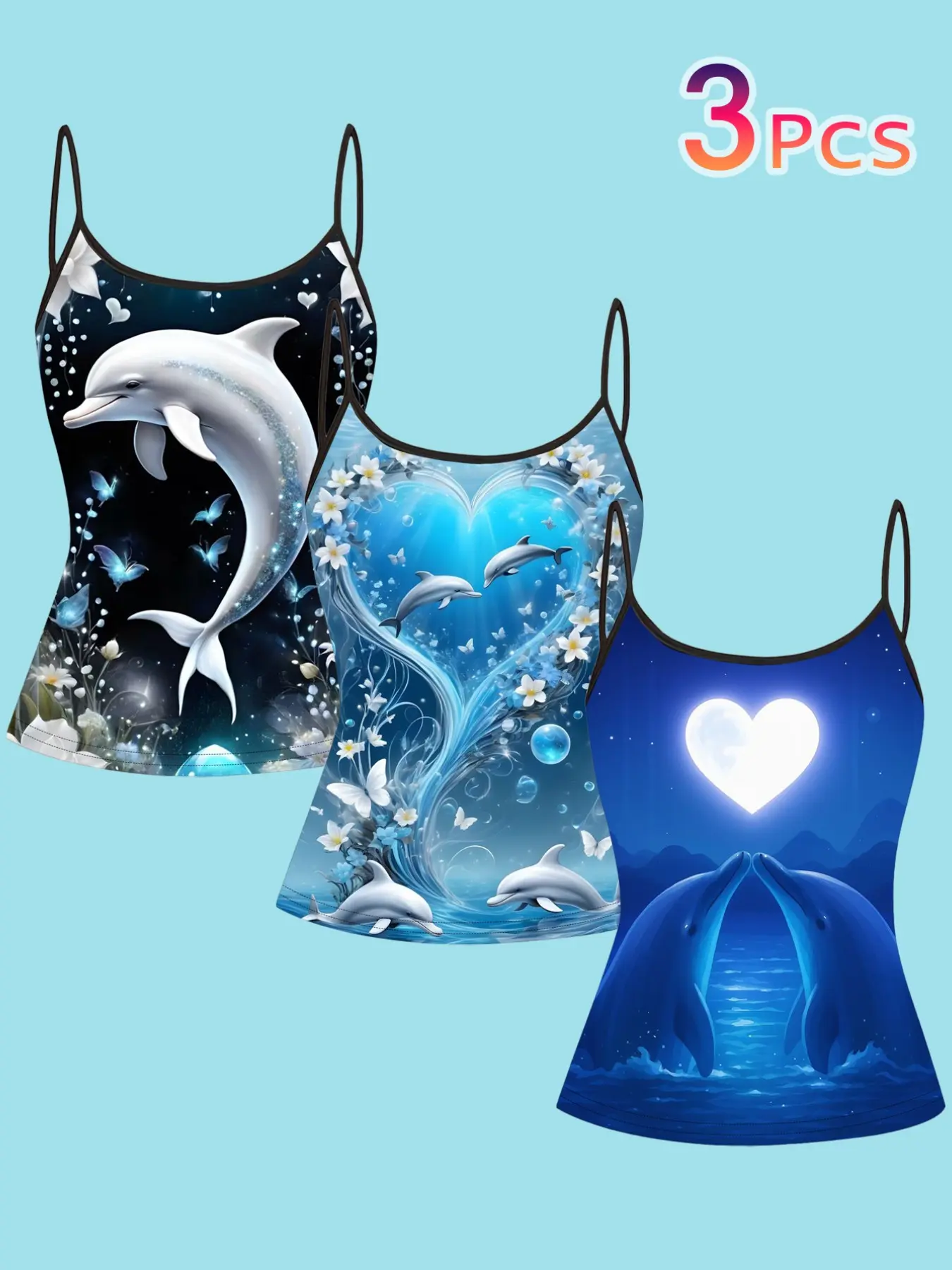 Dreamy Dolphin Tank Top Set, Starry Whale Heart Print Slim-Fit Strap Tops, Summer Romantic T-Shirts, Casual All-Season Clothing
