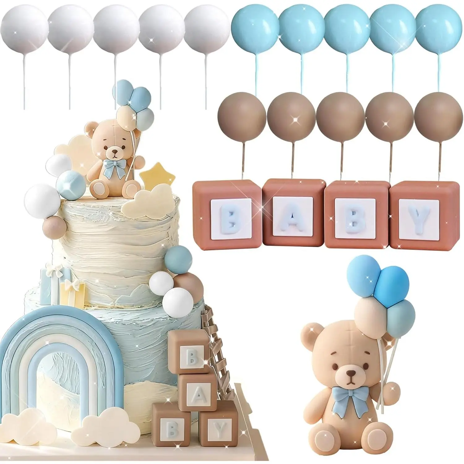 Bear Figurine Cake Decoration Set with Blue-Gold Balls, Festive Adult Home Supplies for Baby Shower & Birthday Party Cake Decorating Kit