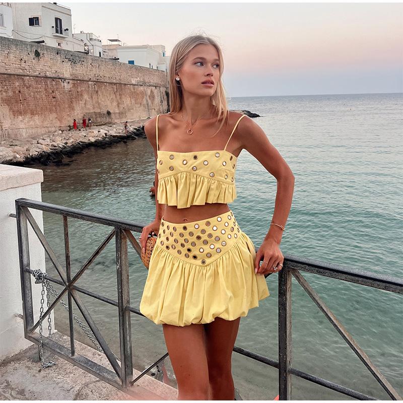 New2025Hollow Out Crop Tank Pleated Skirt Sets Women Ring Bead Strap Sleeveless Backless Vest A-line Skrits Suits Spring Street New2025Hollow Out Crop Tank Pleated Skirt Sets Women Ring Bead Strap Sleeveless Backless Vest A-line Skrits Suits Spring Street