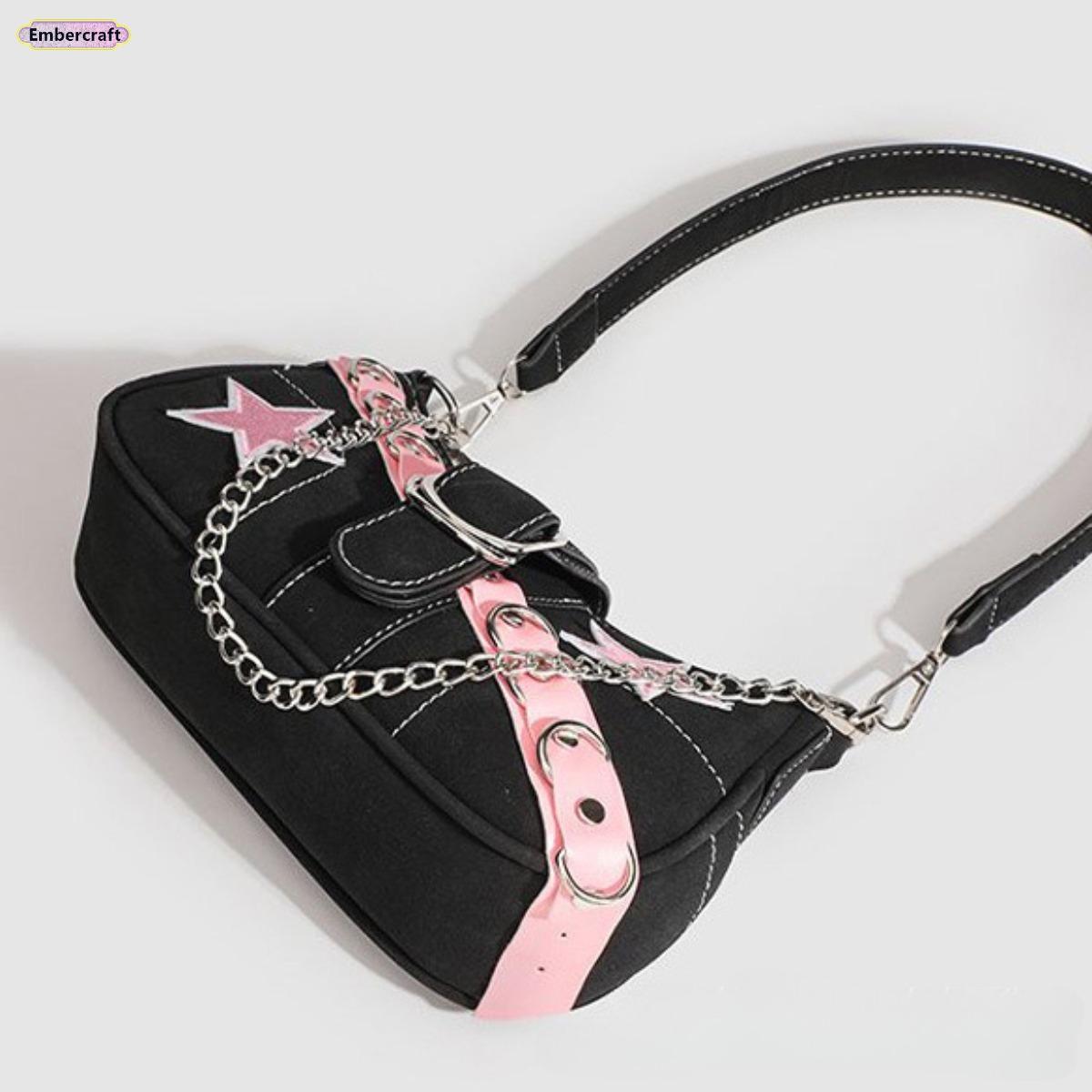 Pink Star Baguette Shoulder Bag for Women, Trendy Y2K PU Leather Handbag, Cute Color Block Mini Shoulder Bag for Party, Street Style, Shopping and Daily Wear