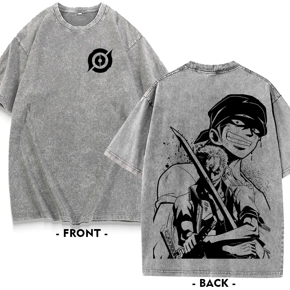 Vintage Washed Double Sided T Shirt, One Piece Luffy Zoro Anime Graphic Tee, Oversized Loose Short Sleeve Streetwear Top, Soft Breathable Manga Print Casual Tee for Anime Fans Men Women Daily Outfit