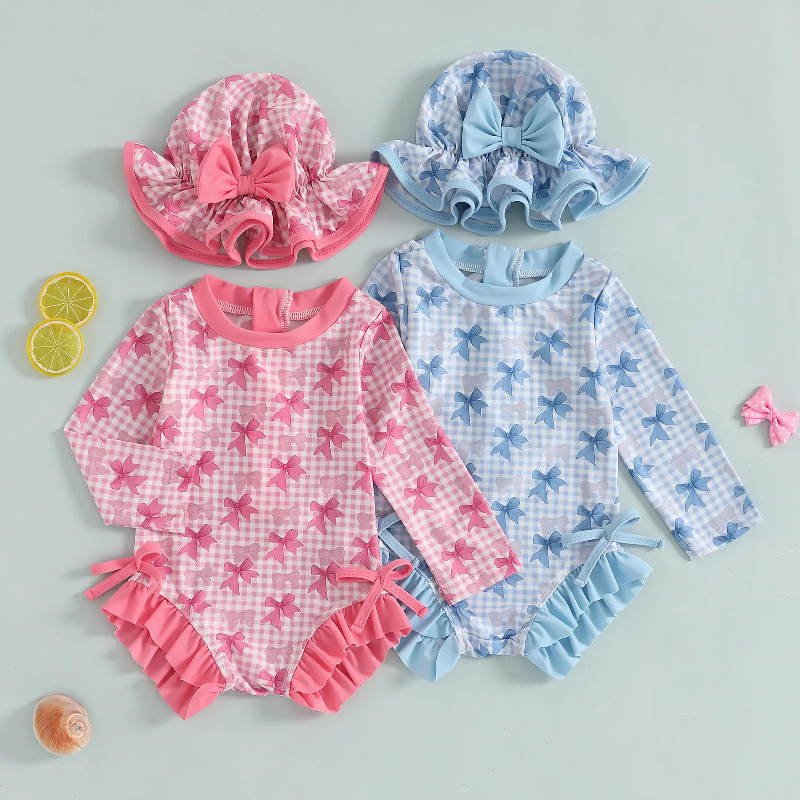 Infant Toddler Baby Girl  Swimsuit Bow Print  Zipper Bathing Suit Ruffled Long Sleeve Rash Guard Swimwear