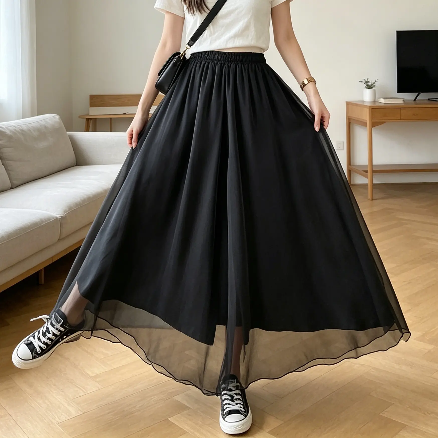 Plus Size Women High Waist Wide Leg Pants, Double Layer Flowy Draped Nine-Trousers, Elastic Waist Loose Thin Skirt Pants for Summer Casual Wear