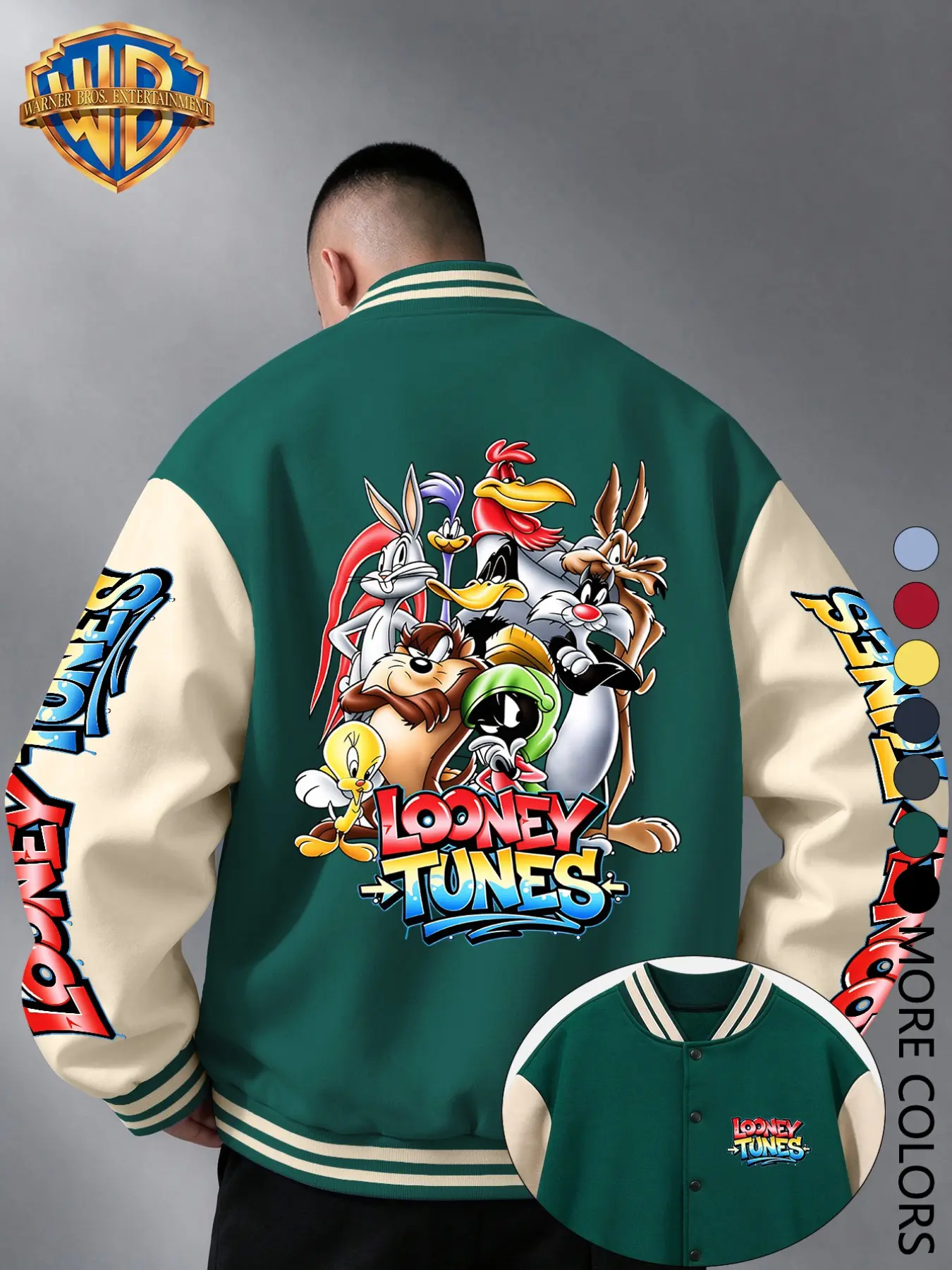 - Officially Licensed by Warner Bros Looney Tunes Gradient Full Characters Varsity Jacket, 100% Polyester Vintage American Baseball Coat, Raglan Color Block Trendy Streetwear, Unisex Multi-Color, Perfect Christmas Gift for Lovers & Friends