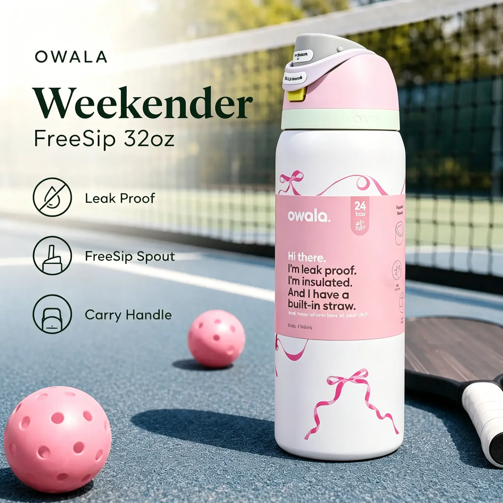 Owala Weekender 32oz Insulated Stainless Steel Water Bottle - Printed Cute Pink Ribbon Bow, Silicone FreeSip Spout, Leakproof, Portable, Lightweight, Wide Mouth, Hanging Carry Handle, Plastic-Free Lid for Pickleball, Tennis Drinkware Flasks Tumbler, Straw