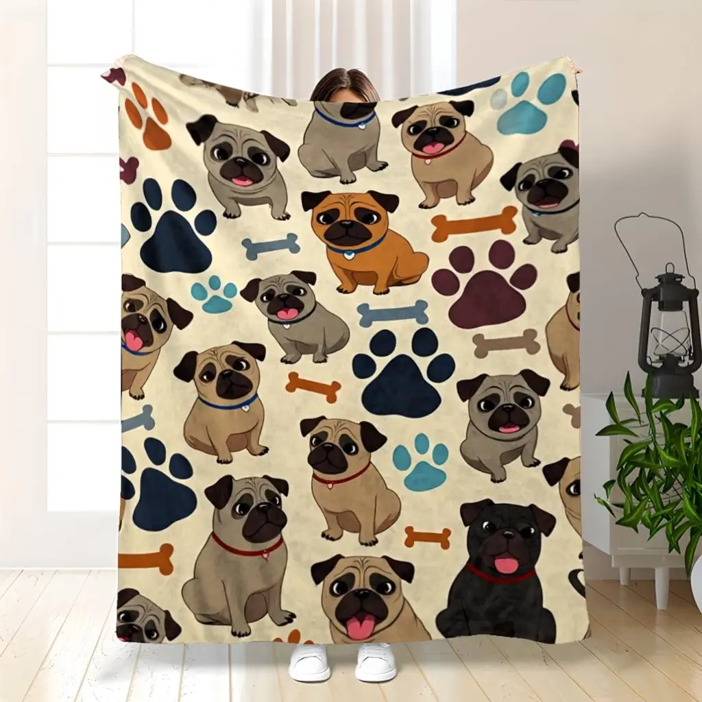 Ultra-Soft Pug & Paw Print Flannel Bedspread/Throw - Cozy Style Cute Animal Design with Breathable Softness - Beige,Brown,White,Black,Gray - Home Camping Couch All-Season Cover for Pug Lovers - Machine Washable Pet Bed Accessory
