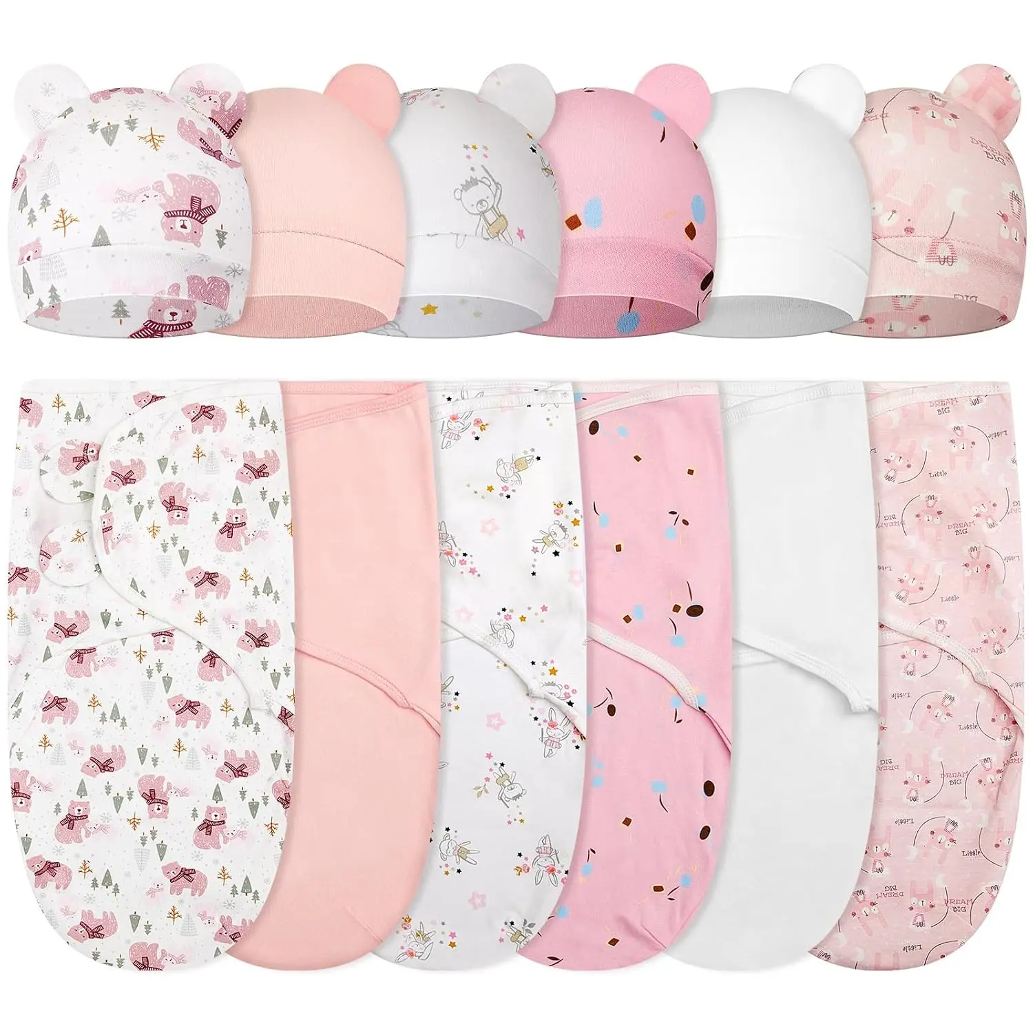 6 Pack Swaddle Blanket with Hats  Baby Girl Boy 100% Cotton Swaddles 0-3 Months, Adjustable Breathable Skin Friendly Receiving Blanket Wrap, Essential  Newborns(Bear,Pink)
