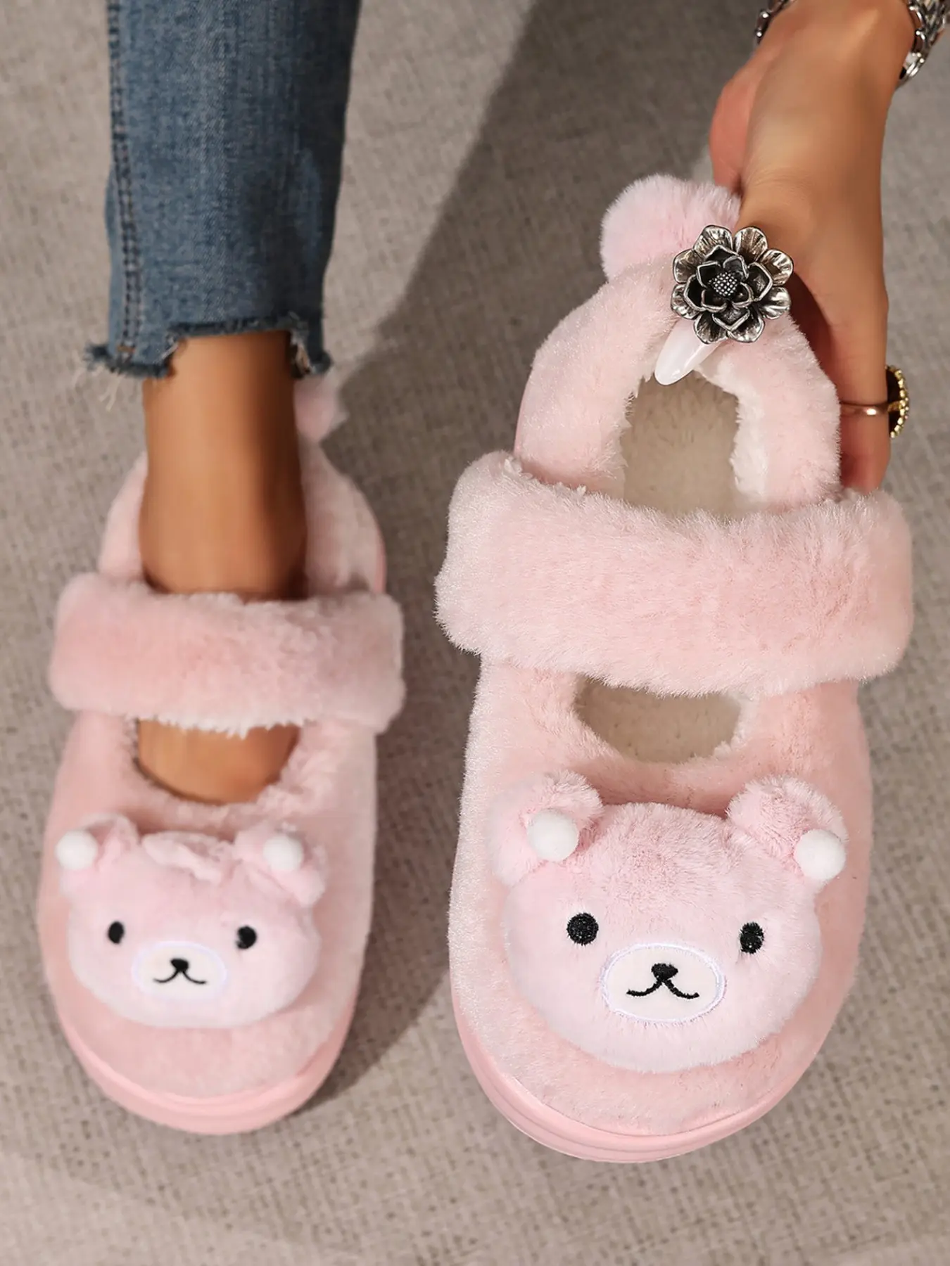 Women's Pink Fluffy Closed Back Slippers, All Season Cute Cartoon Style, Plus Size, Versatile 3D Bear Doll & Magic Tape Decor, Thick Soft Sole Indoor Warm Casual Ladies Furry House Shoes