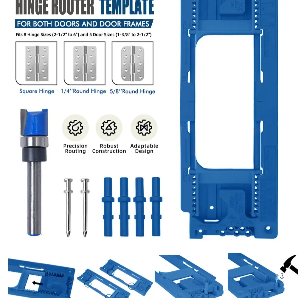 Door Hinge Router Template Kit, Carpentry Tools, Adjustable Hinge Mortising Jig for 1/4" & 5/8" Radius Square Hinges, Complete Hinge Installation Locator Set with Router Bit, Nails & Lock Pins for Wood Door Frame Hinge Mortising