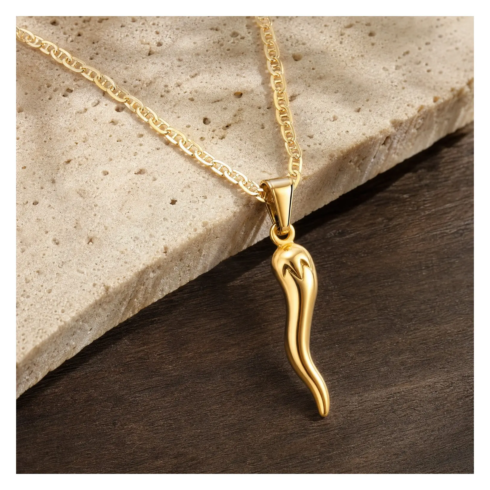 18K Gold Plated Flat Marina Chain Italian Horn Cornicello Necklace - Made in BrazilGift