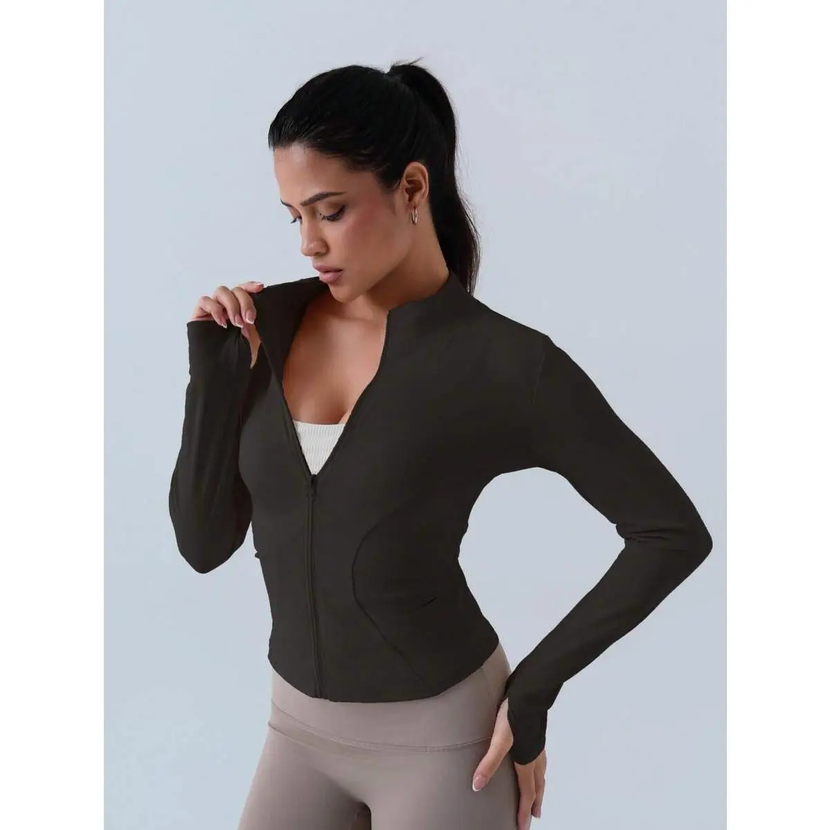 Women's Fitted Cut Zip-Up Neck BBL Jacket - Standard Sizes, Stretch Activewear with Long Sleeves & Neck Thumb Holes for Workout, Yoga
