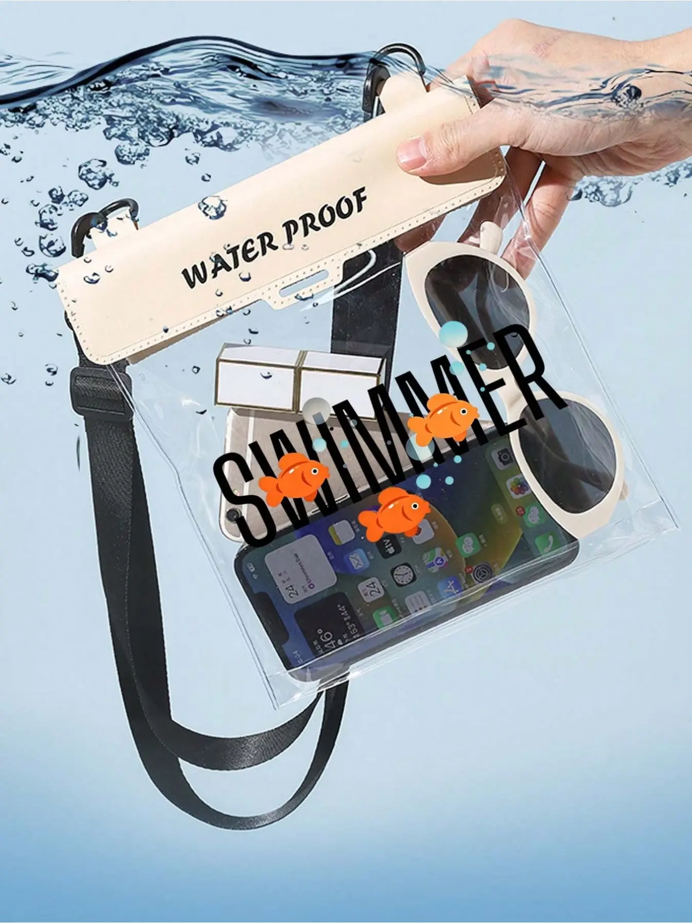 Lightweight transparent waterproof bag, cute little fish and "SWIMMER" pattern, mobile phone waterproof messenger bag, transparent swimming waterproof bag with adjustable shoulder strap, beach bag, large-capacity waterproof storage bag, sports bag,