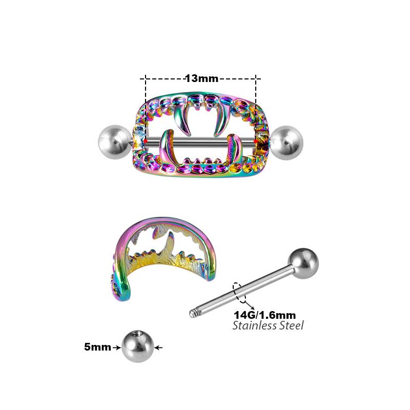 Vampire Teeth Nipple Ring, Stainless Steel Barbell, Creative Body Piercing Jewelry