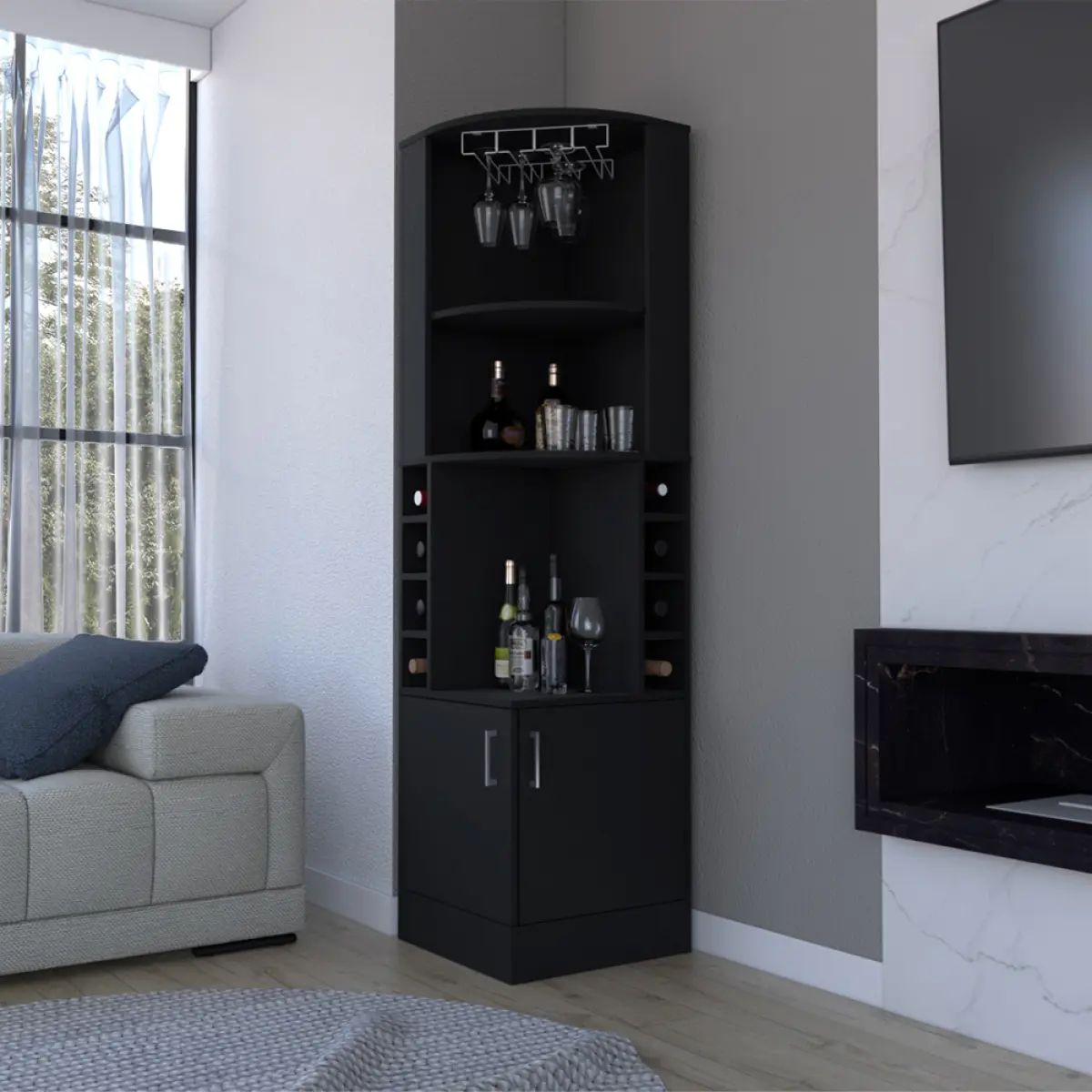 Atanasio Black Corner Liquor Cabinet - DIY Assembly Modern Accent Cabinet with Wine Cubbies, Indoor Storage Furniture for Home Bar Enclosure, 18.46x18.46x71.10 in Living Room, Liquor Cabinets