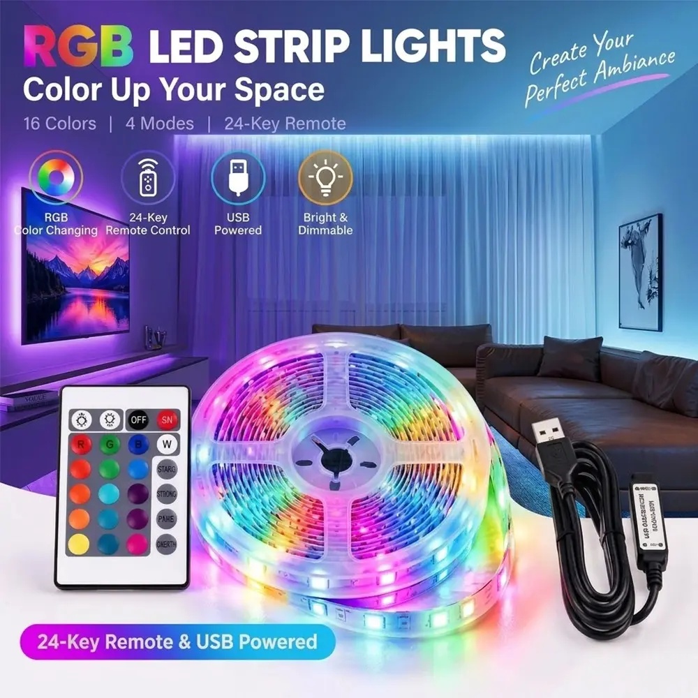 Halloween Decorative Light Strip, RGB LED, Infrared Remote, USB Powered, Color Changing, Adjustable Brightness, TV Background, Bedroom Lighting, Led Light Strips With Remote