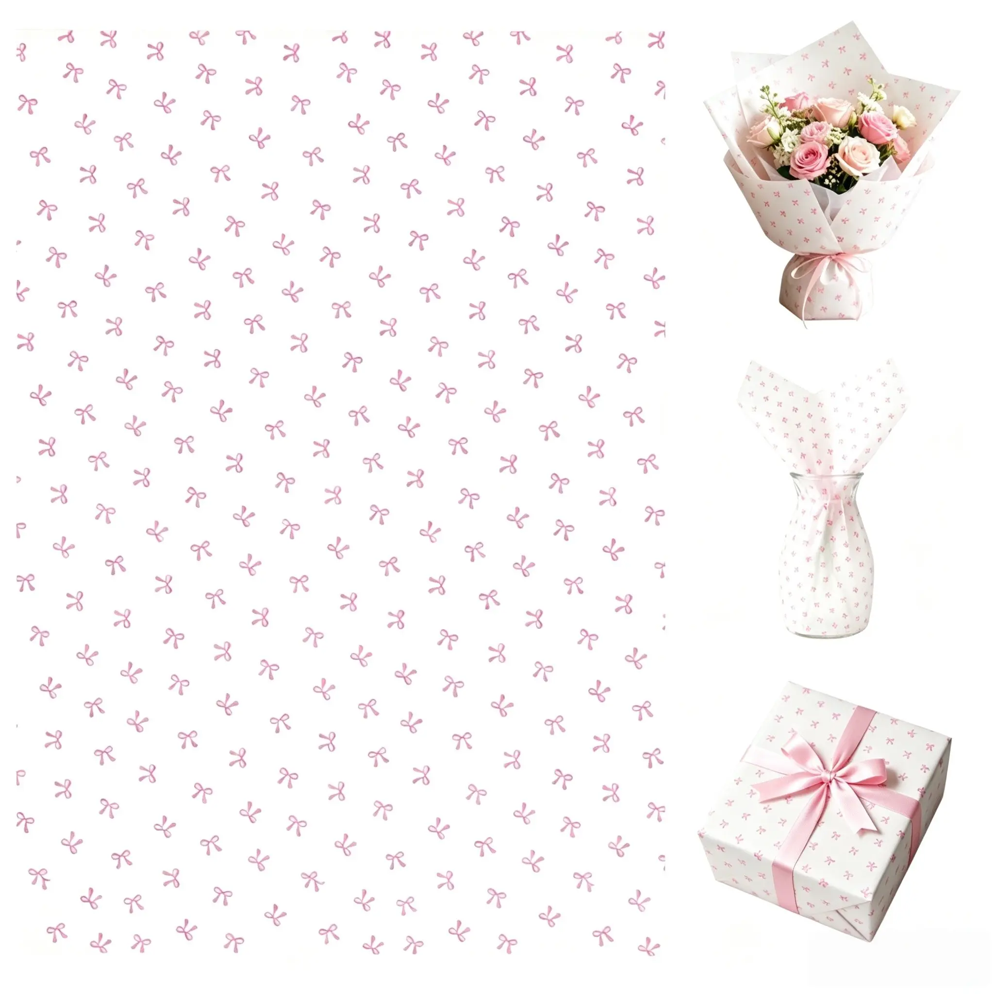 Pink Mini Bow Tissue Paper 50×35cm (19.68×13.78 Inches), 15 Sheets & 60 Sheets Optional, Gift Wrapping Paper for Baby Shower, Birthday, Wedding, Bridal Party, Bouquet & Gift Box Filling, Bouquet Wrappers