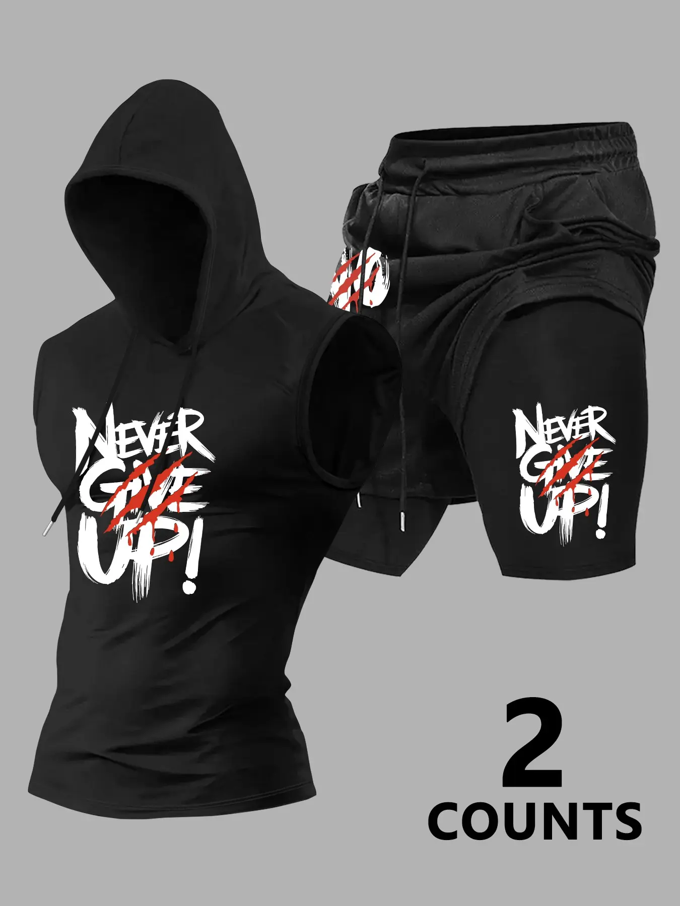 Men's Print 2-Piece Set, Hooded Sleeveless Vest and Drawstring Basketball Shorts, Comfortable Casual, Ideal Gift for Family and Friends