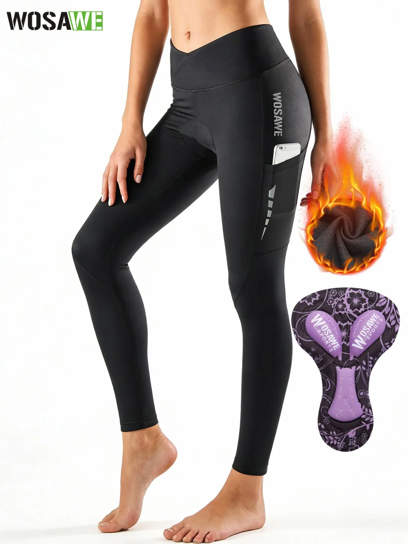 WOSAWE Women's Winter Thermal Cycling Tights - High-Waist Fleece Lined Bicycle Pants with Silicone Pad for Autumn & Winter Outdoor Riding