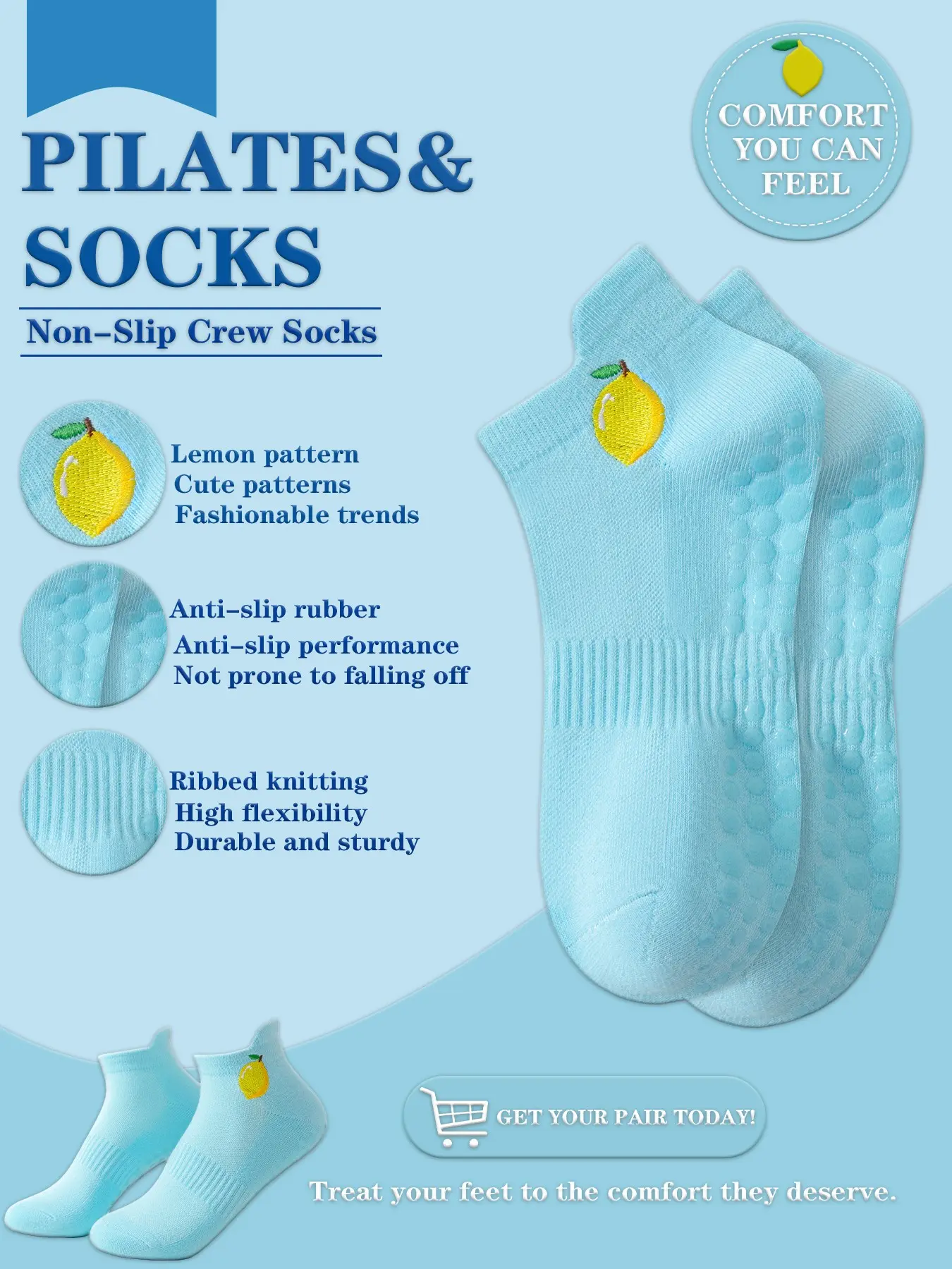 Women's Yoga Crew Socks, Lemon Pattern, Blue Color, Cute Cartoon Style, All-Season Wear, Ideal for Home & Hospital Use