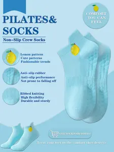 Women's Yoga Crew Socks, Lemon Pattern, Blue Color, Cute Cartoon Style, All-Season Wear, Ideal for Home & Hospital Use