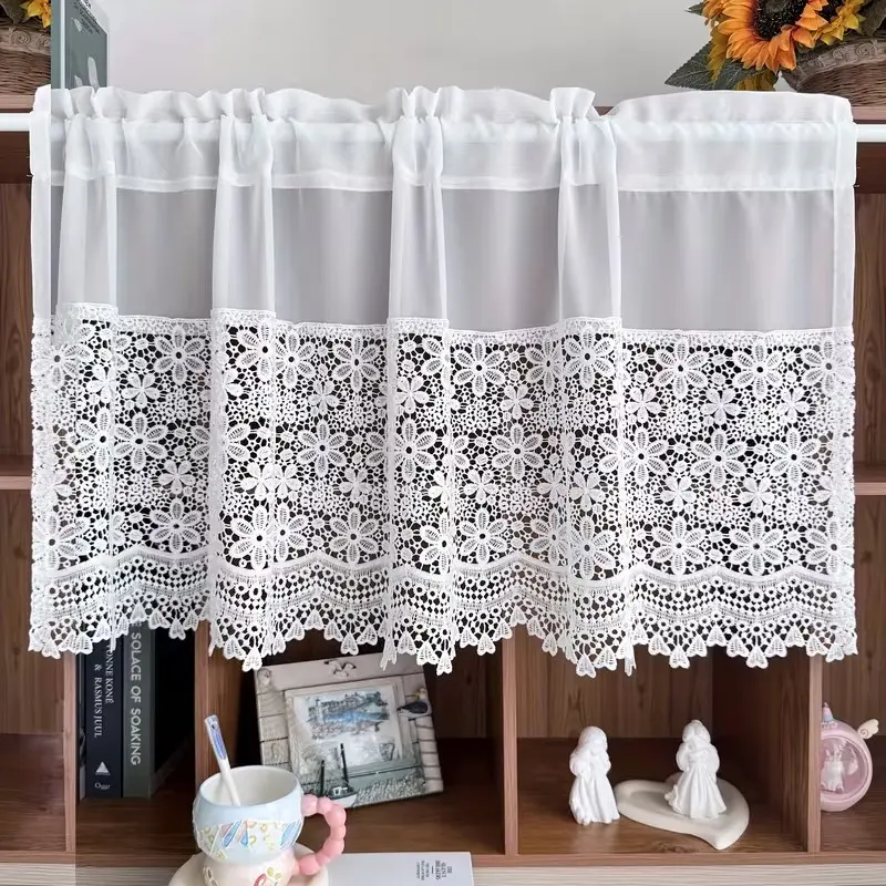 1pc Lace Drapes for Kitchen, Short Curtains with Ruffled Design, Light Filtering, Perfect for Windows, Coffee Shop or Bathroom Divider
